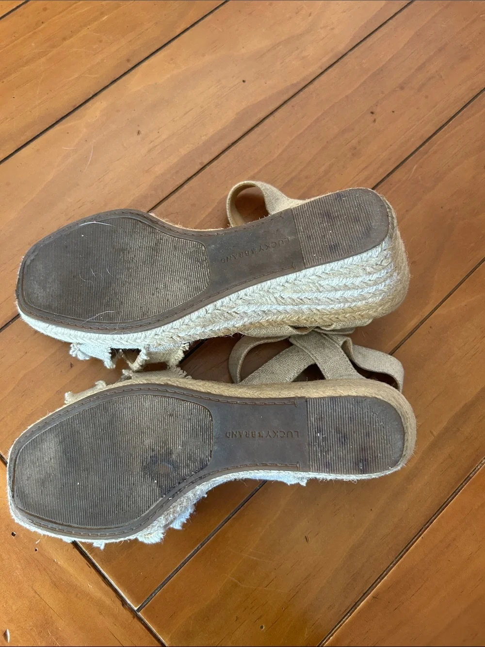 Lucky Brand Canvas Espadrille Wedge Sandals Size 6 Beige Ankle Strap